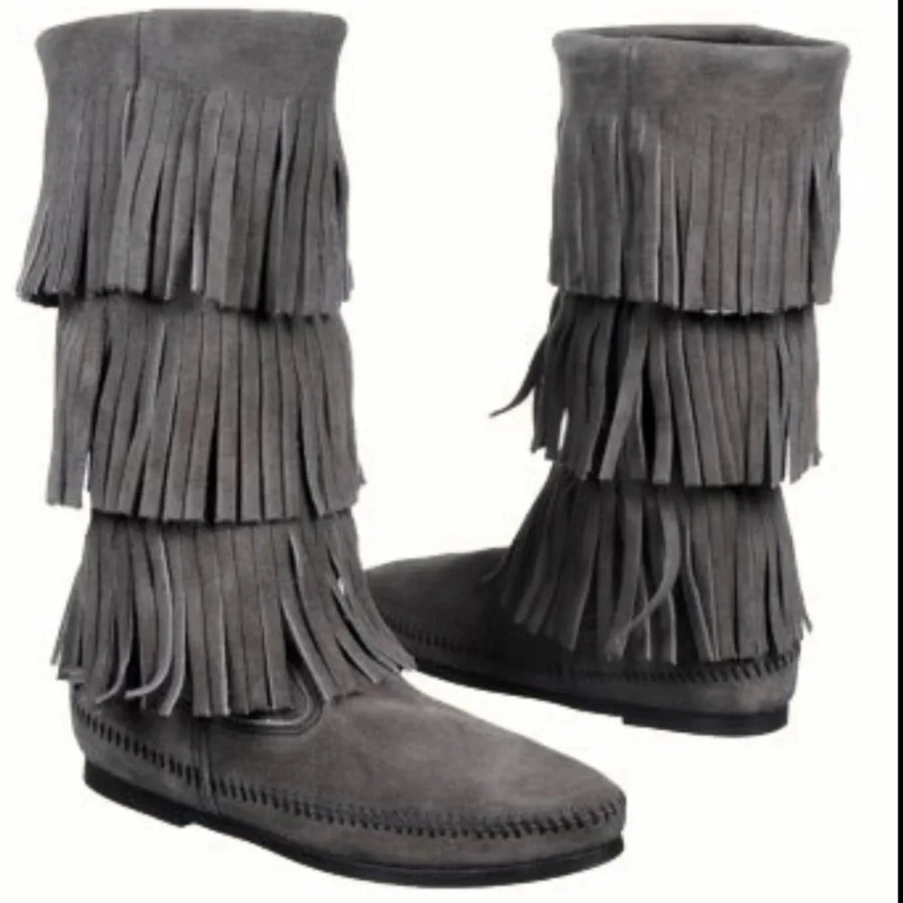 Minnetonka 3 Layer Fringe Boots Western Suede - image 1